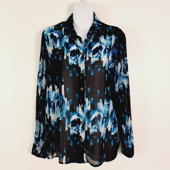 Derek Lam for Design Nation Watercolor Skyline Sheer Button Up Blouse - Picture 2 of 9